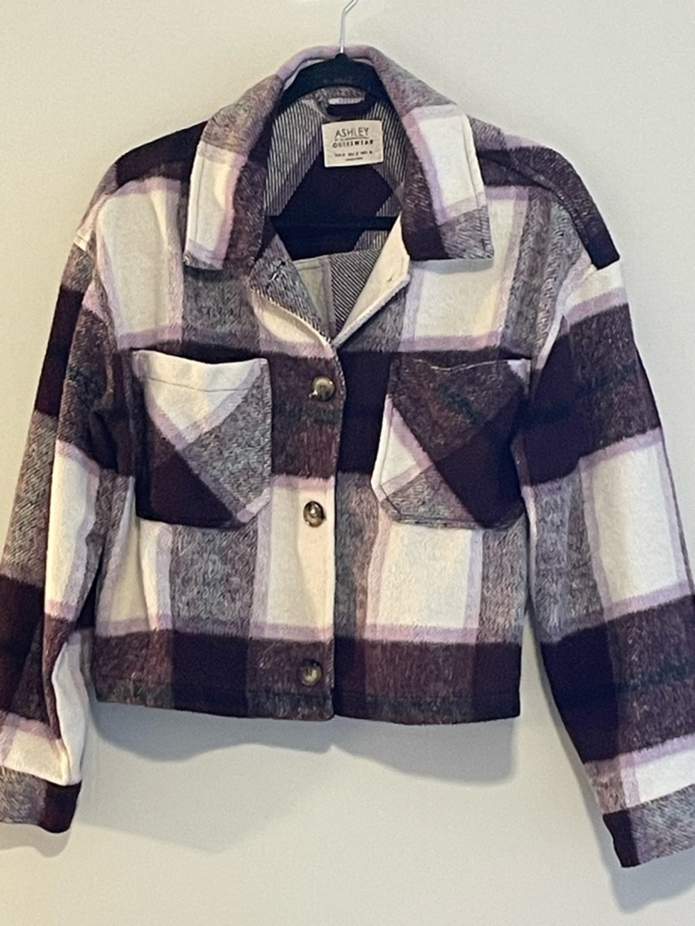 Ashley Oversized Plaid Shacket Jacket - White & Purple. Item # 11427